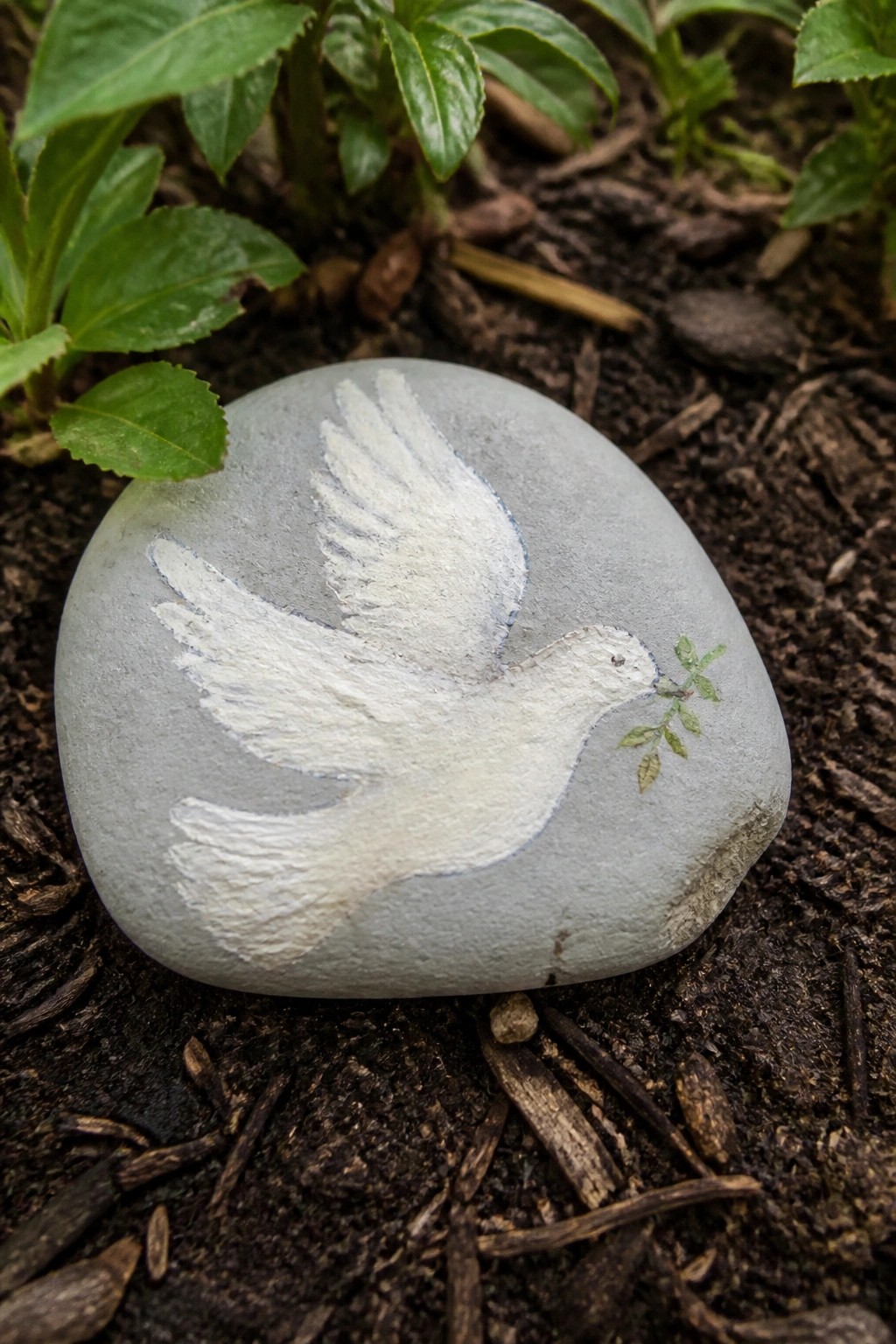 Gray rock painted with flying white dove holding green branch on soil