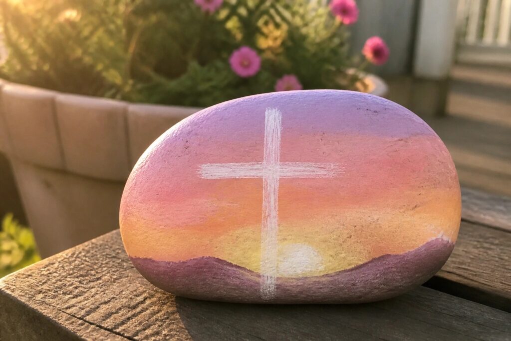 Painted rock with purple-pink-orange gradient and white cross on wooden surface