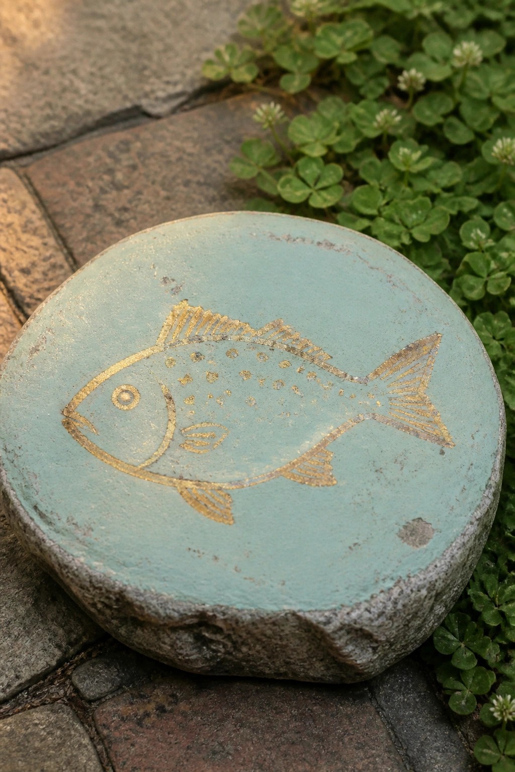 Turquoise round stone with golden fish design on pavement beside green plants