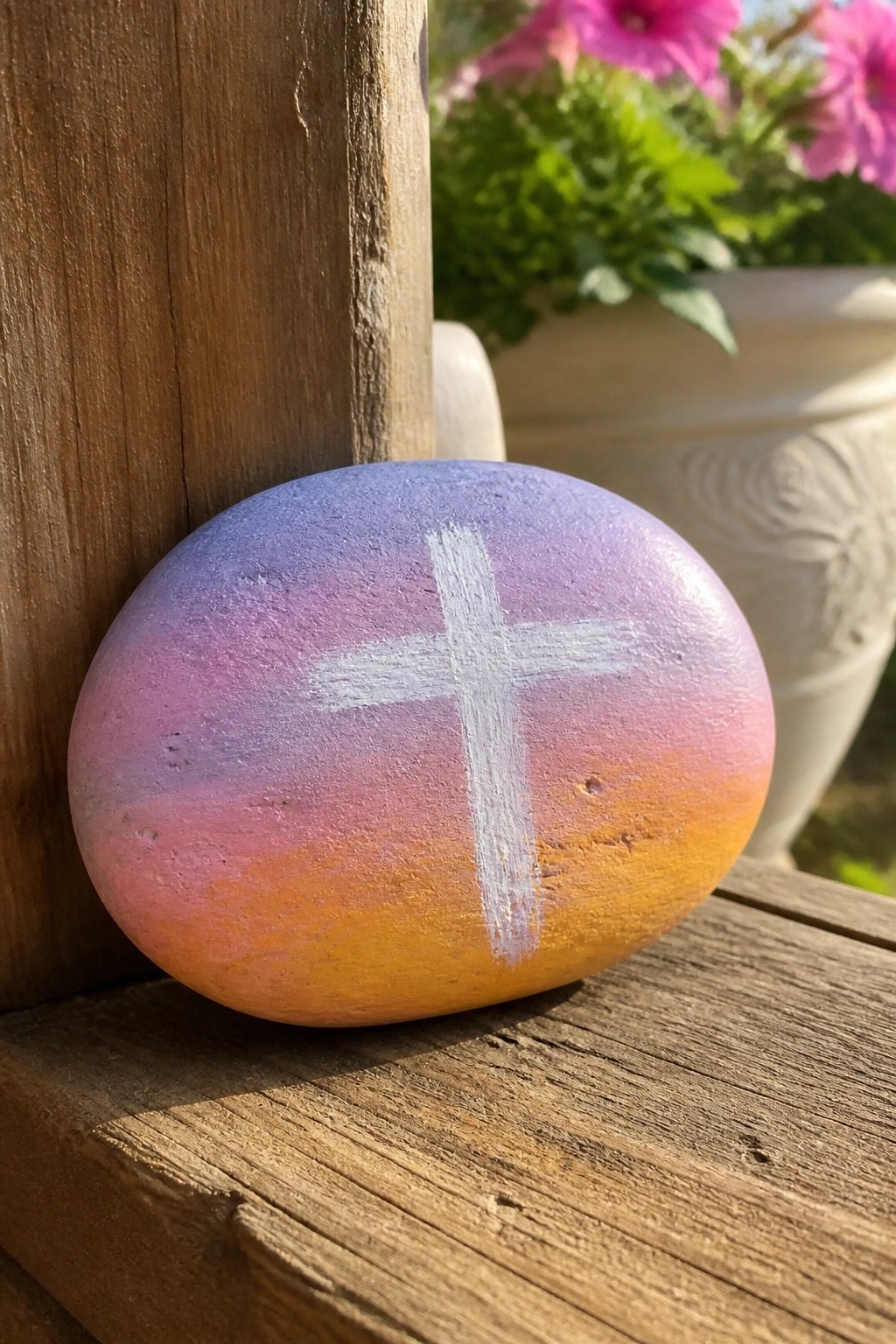Painted rock with purple-pink-orange gradient and white cross on wooden surface