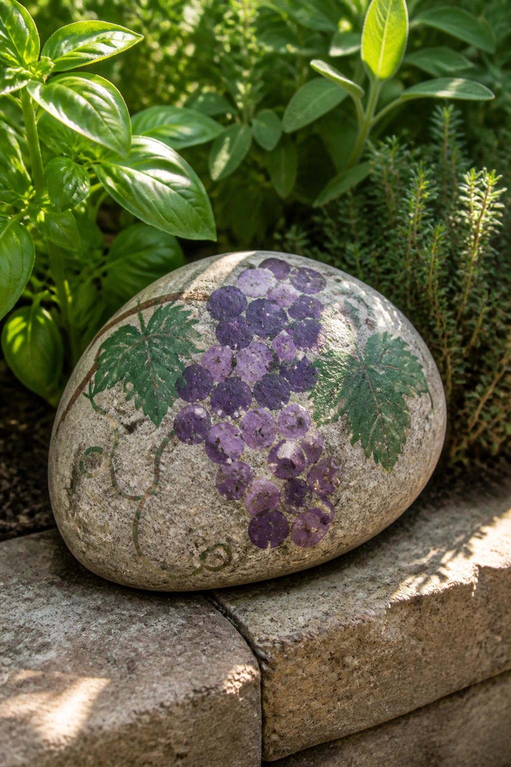 Painted gray rock with purple grapes and green leaves on stone ledge