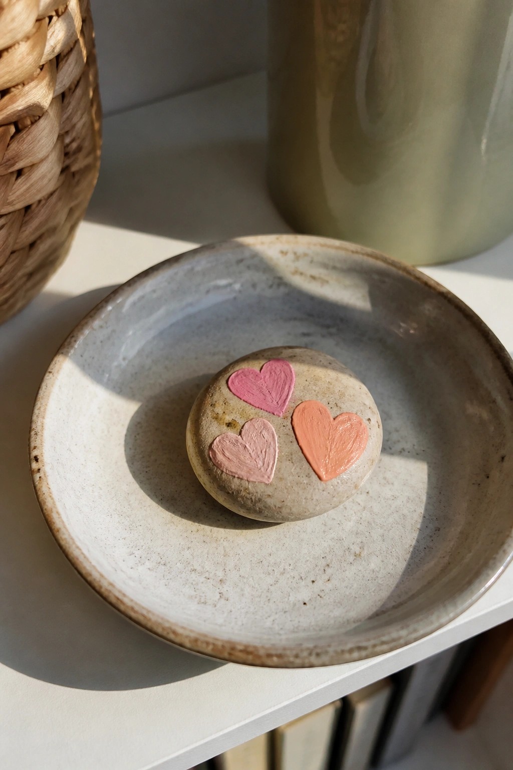 Round stone with three pink hearts painted on it in a ceramic bowl