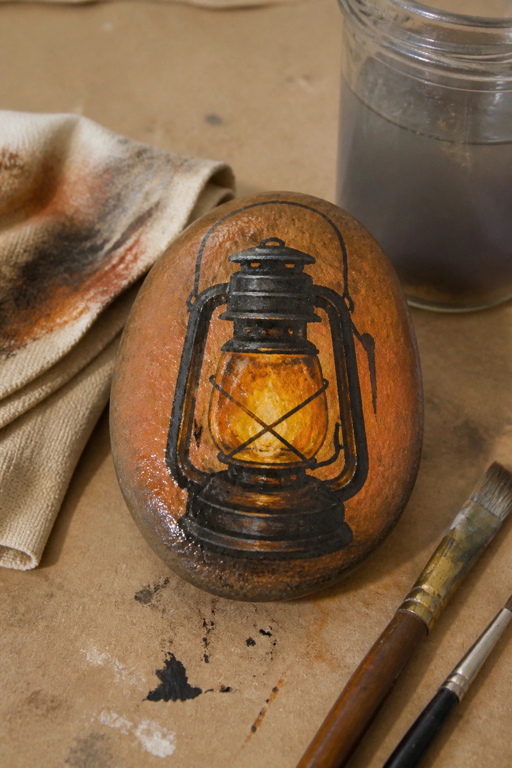 Painted rock with glowing lantern beside paintbrushes and stained cloth on brown surface