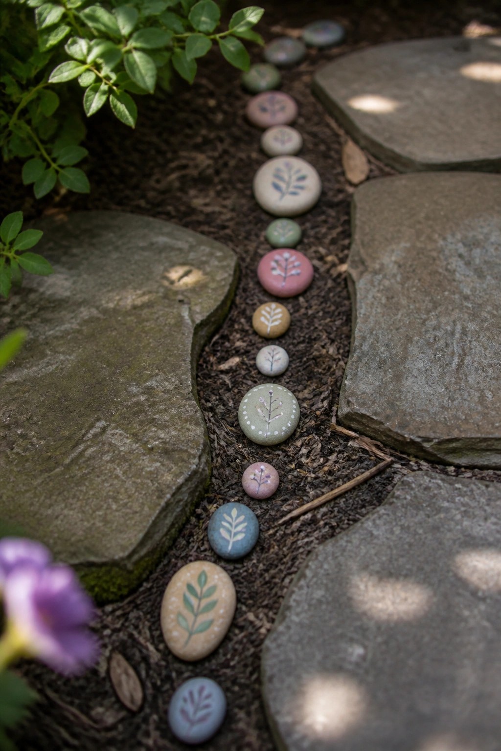 Garden path of large stones with colorful painted pebbles bearing leaf designs