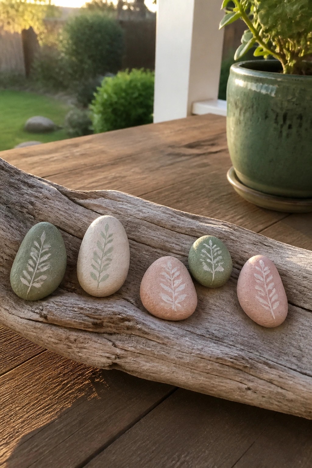 Five painted stones with white leaf designs on weathered driftwood near a green plant pot.