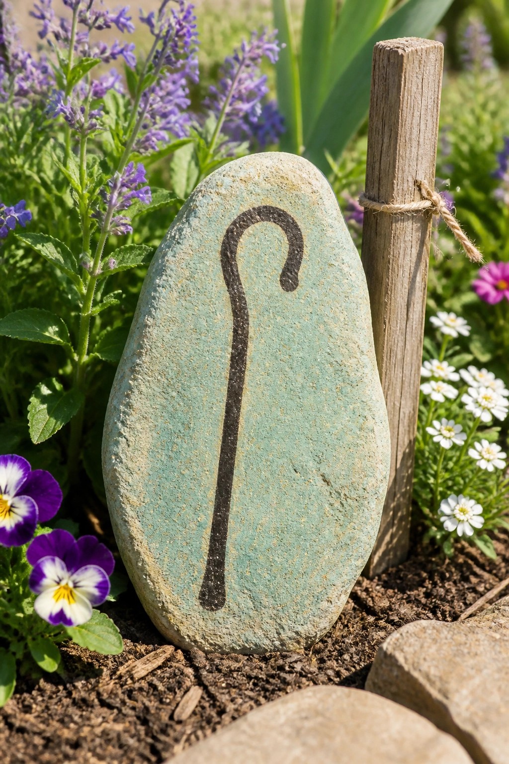 Turquoise stone with black shepherd's crook beside wooden post in flower garden