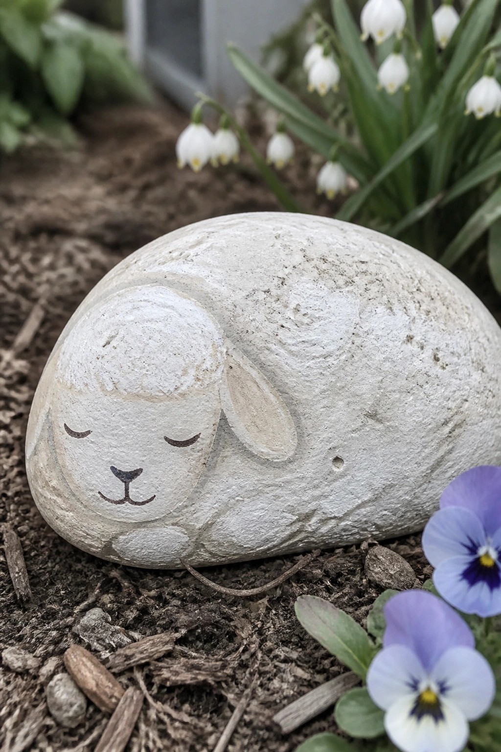Painted rock shaped as sleeping lamb with closed eyes amid garden flowers.