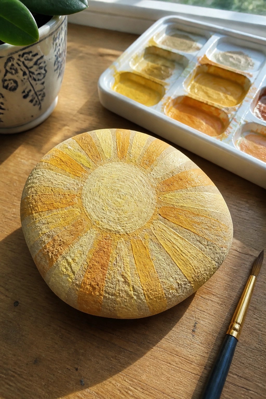 Painted stone with sunburst rays beside watercolor palette and brush on wood