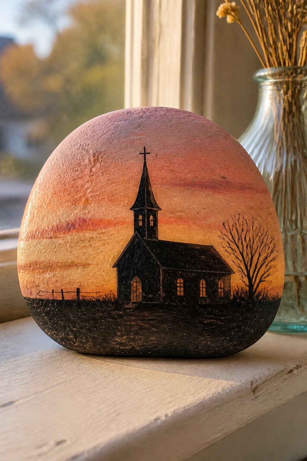 Painted rock with silhouetted church at sunset beside glass vase on windowsill.