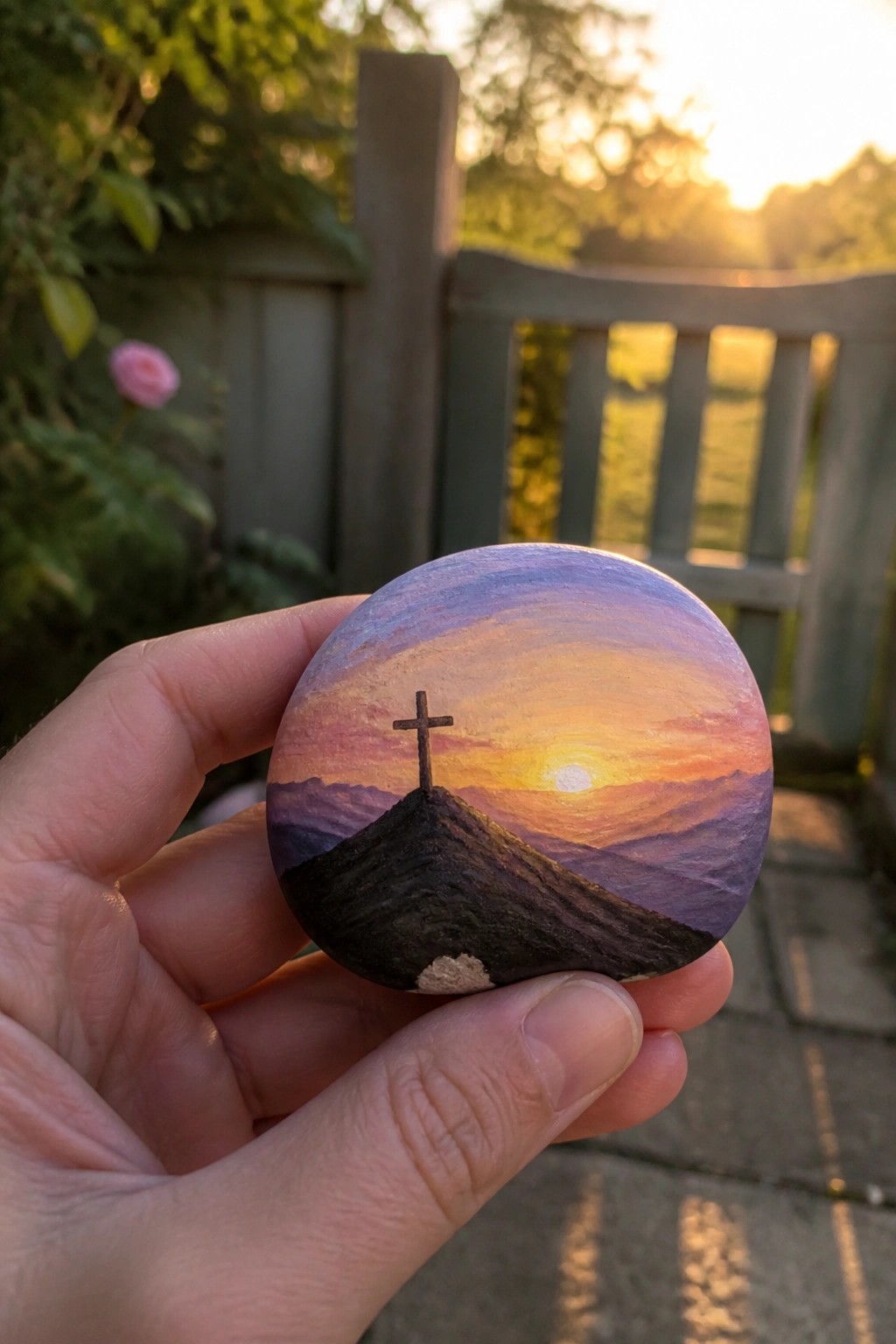 Hand holding painted rock with cross on hill under purple-orange sunset sky.