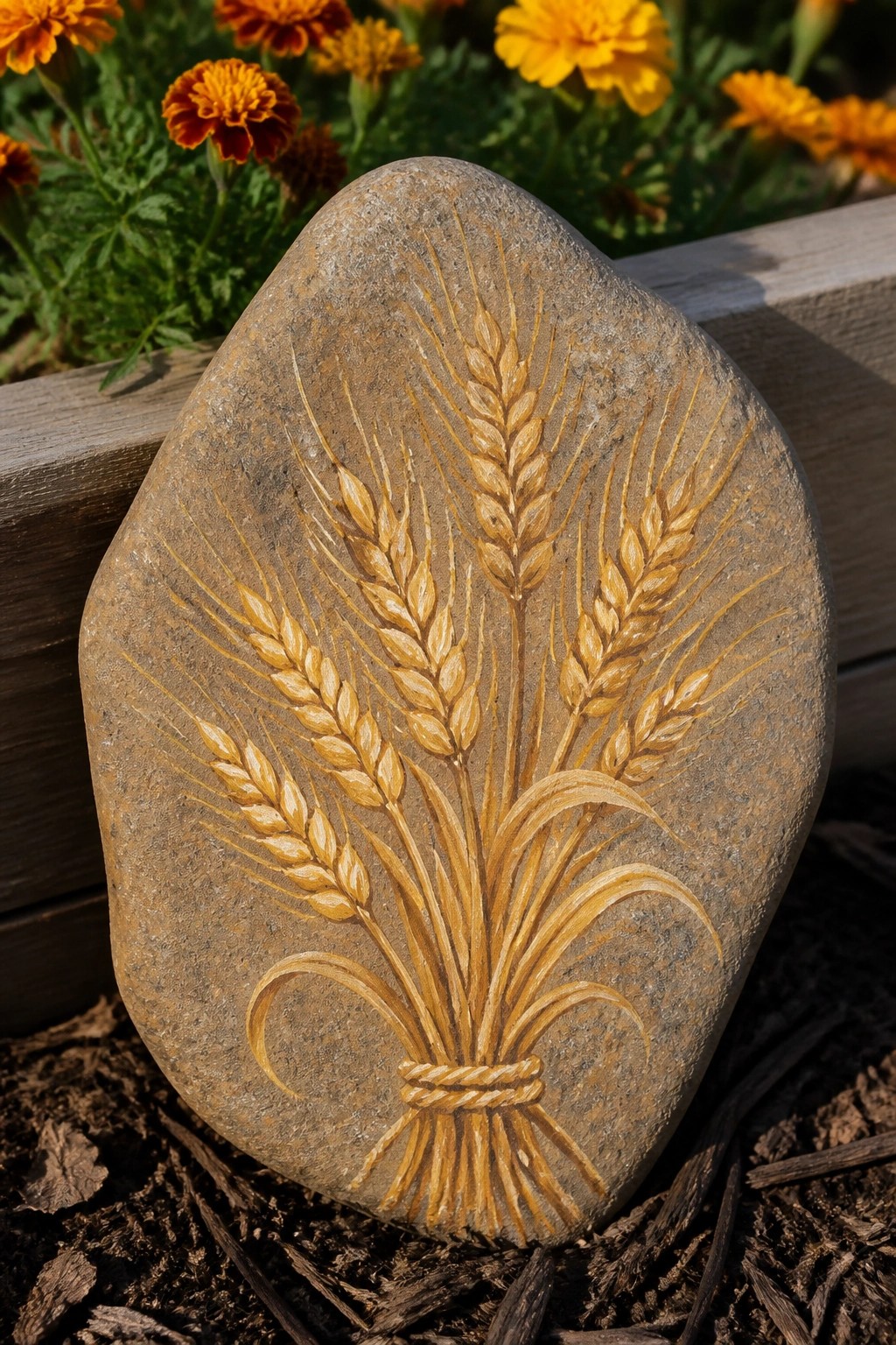 Stone with golden wheat bundle painted on it amid orange flowers
