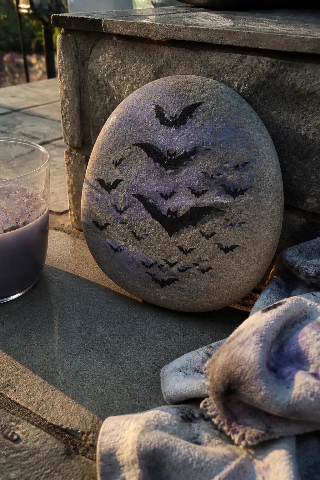 Painted stone with black bats on purple wash beside glass and stained cloth