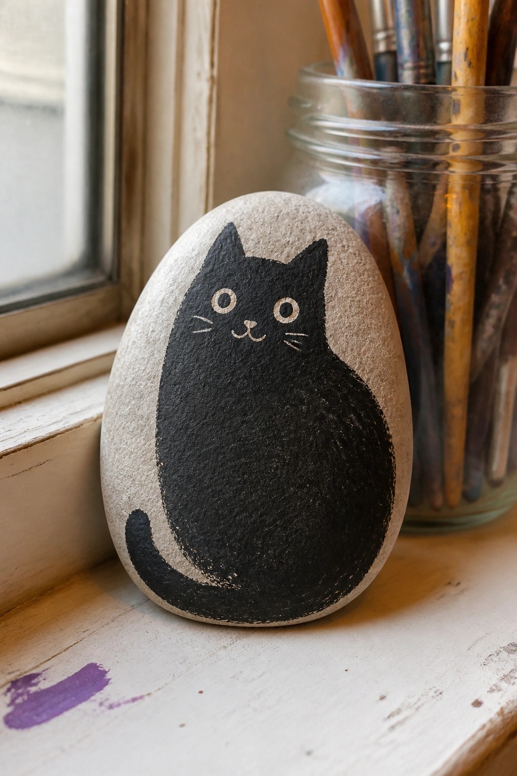 Black cat painted on smooth stone on white windowsill beside jar of brushes