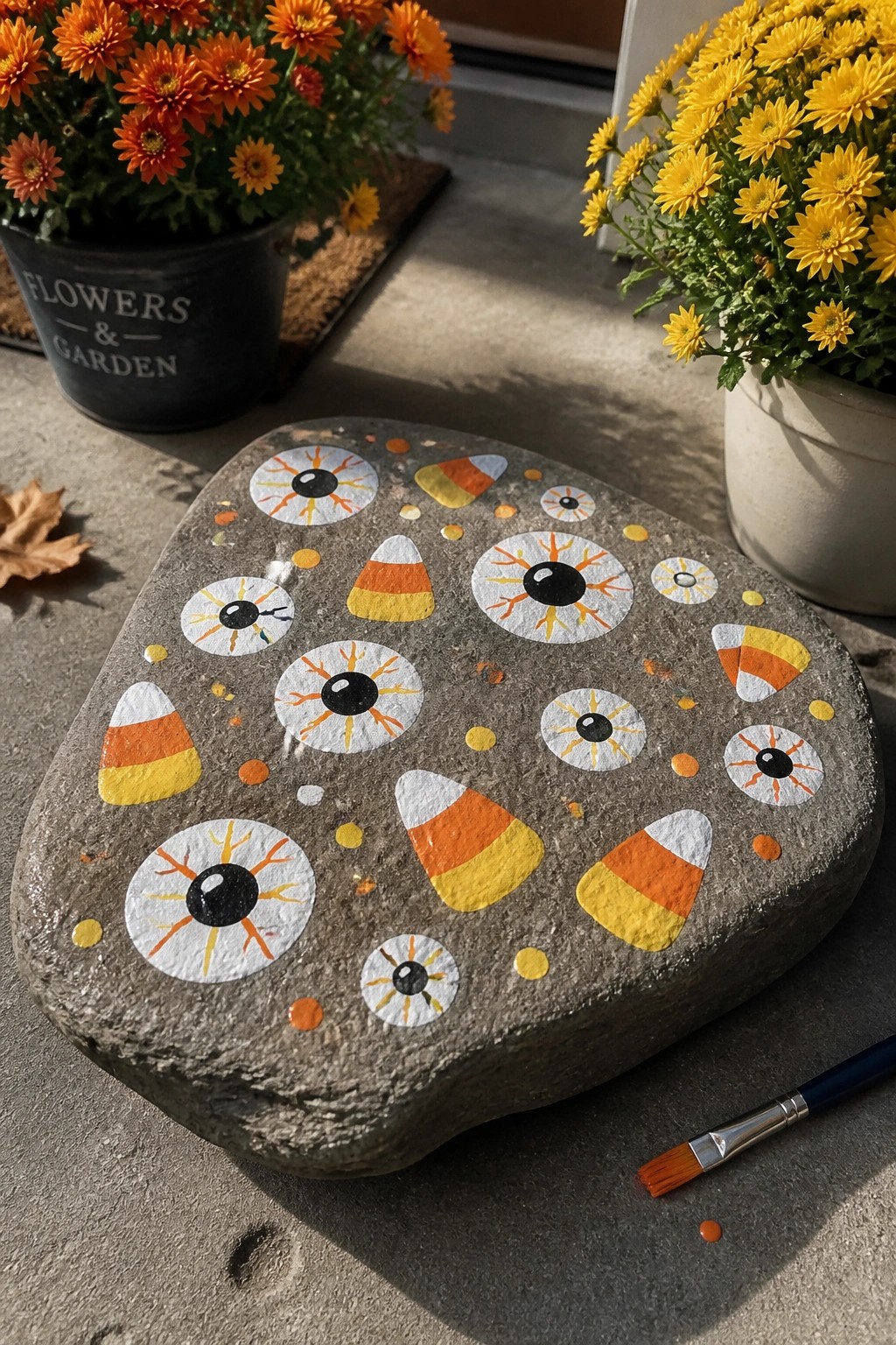 A gray stone painted with multiple eyeballs and candy corn sits on concrete between two flower pots.