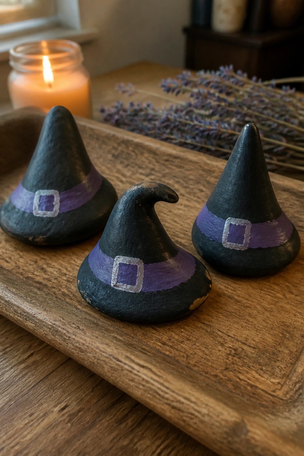 Three black witch hat rocks with purple bands and silver buckles on wooden tray