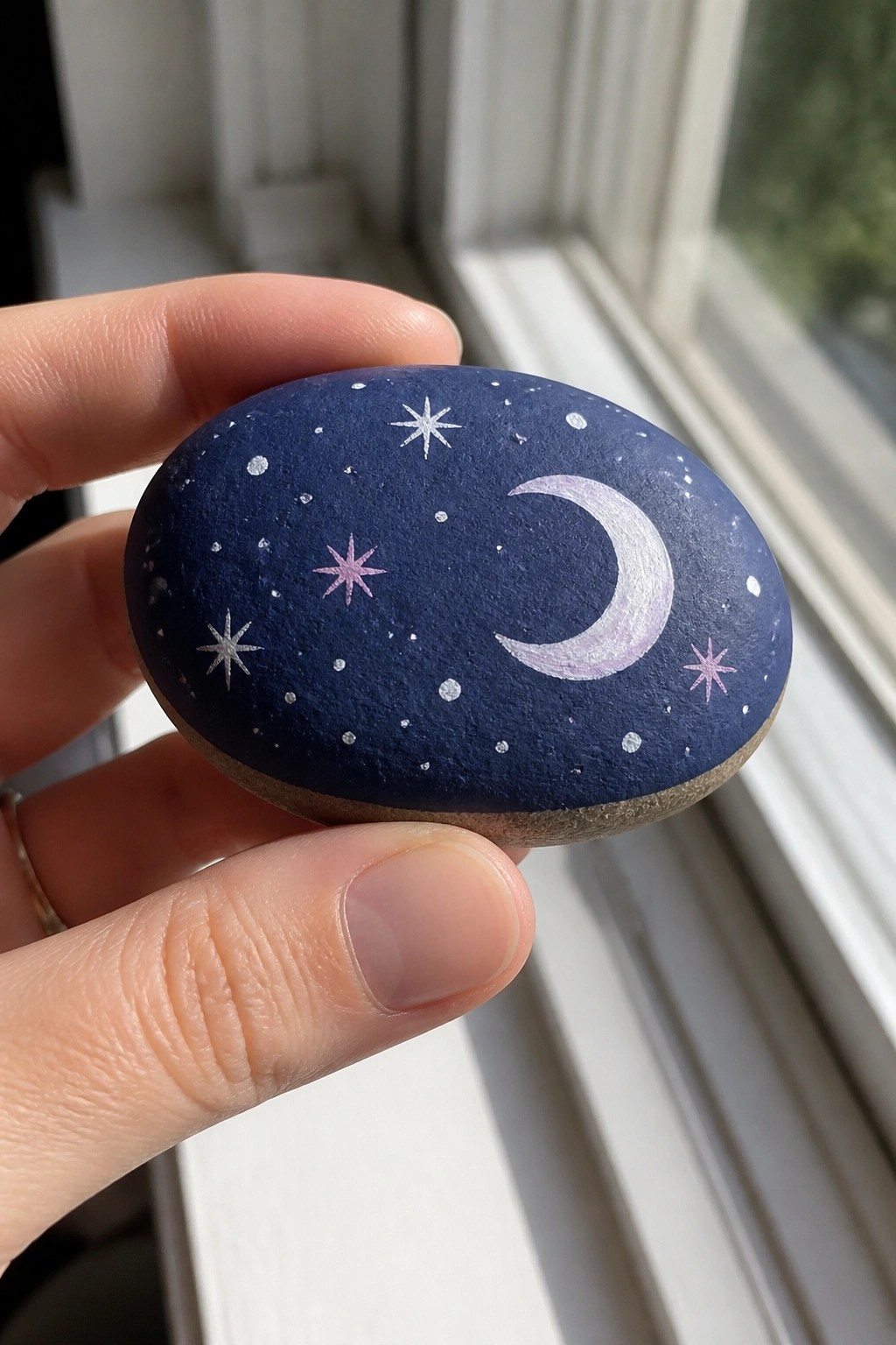 A hand holds an oval river rock painted dark blue with a white crescent moon, white and pink stars, and scattered dots.