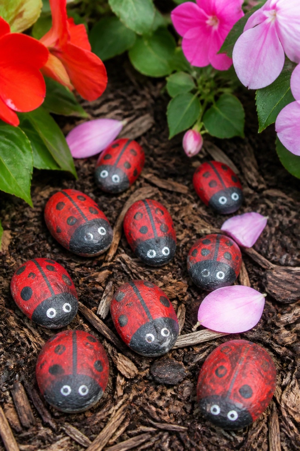 Painted ladybug rocks scattered on soil amid red and pink flowers.