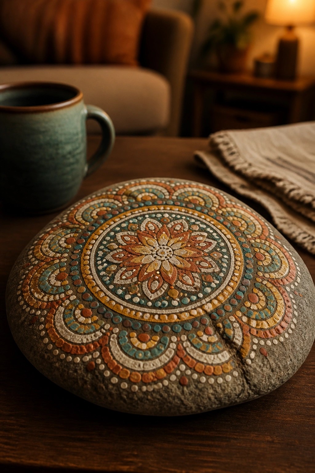 A round flat stone painted with a colorful mandala design rests on a wooden table beside a teal mug.