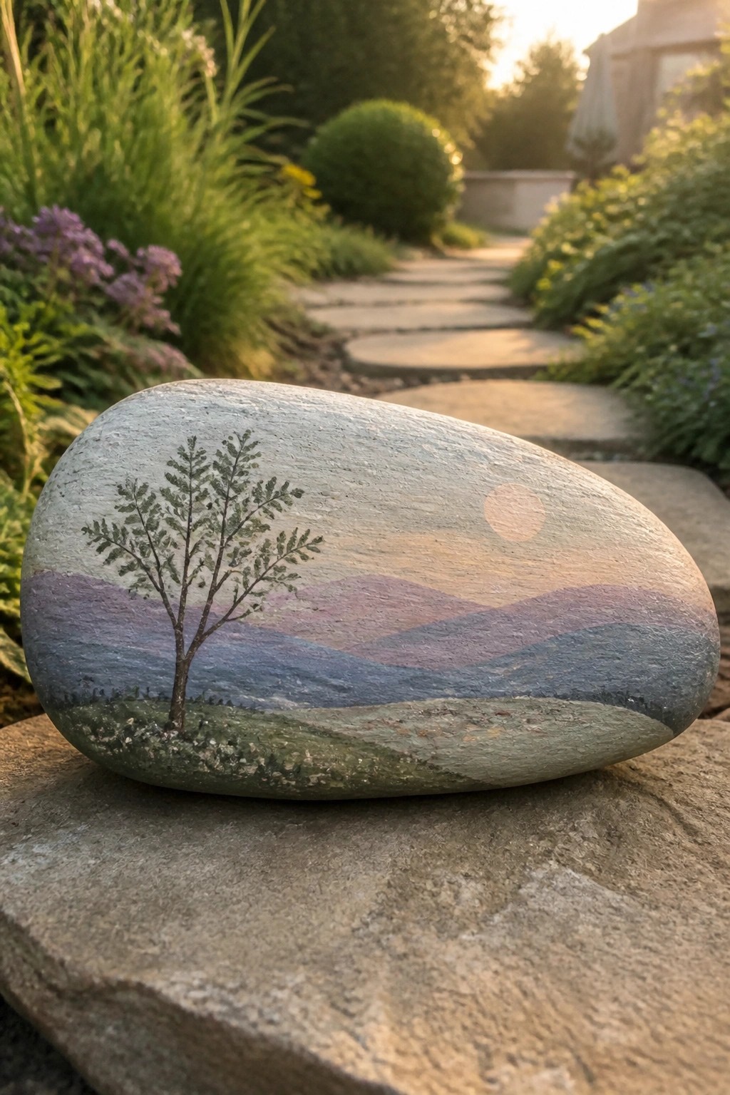 Painted rock with tree, purple-blue mountains, and sun, on garden stone slab.