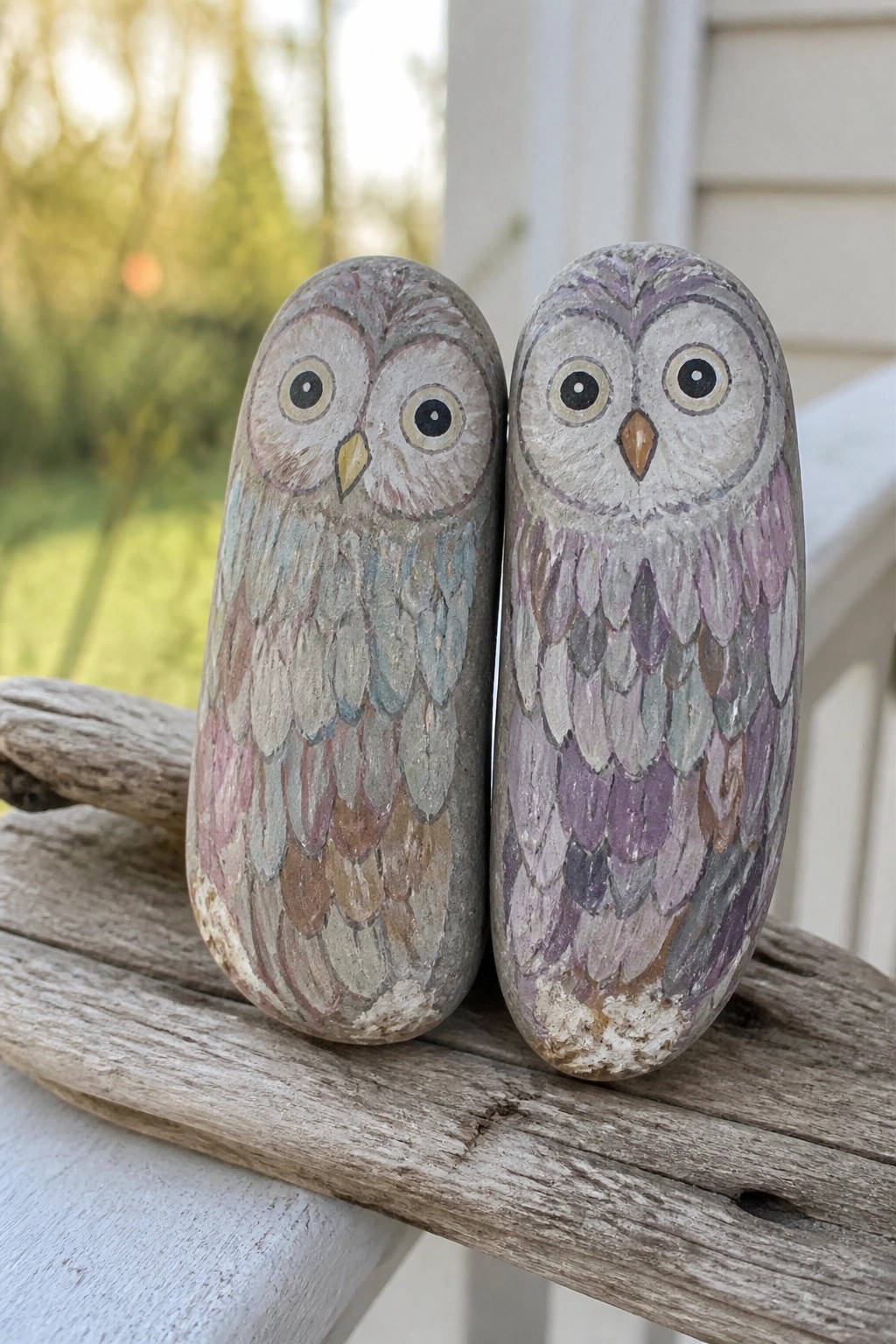 Two painted stone owls with layered feathers on weathered wooden railing