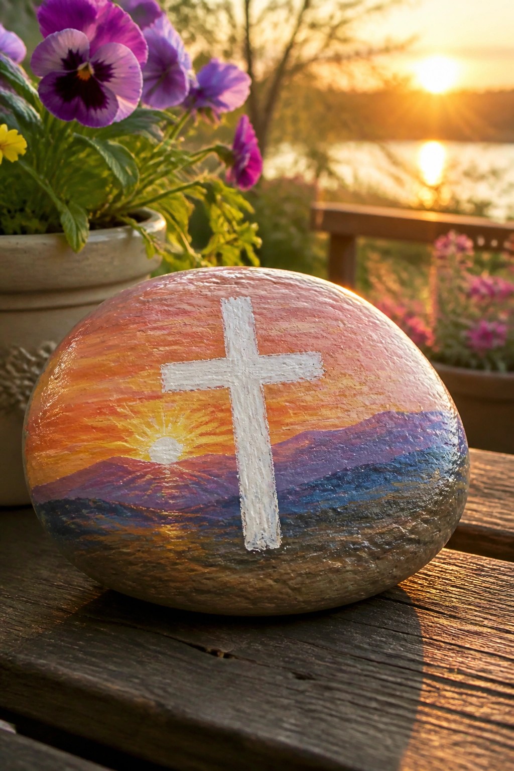 Painted rock with white cross over colorful sunset mountains on wooden surface with flowers