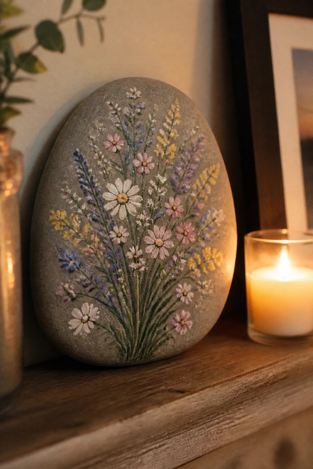 Painted stone with colorful wildflowers beside lit candle on wooden shelf