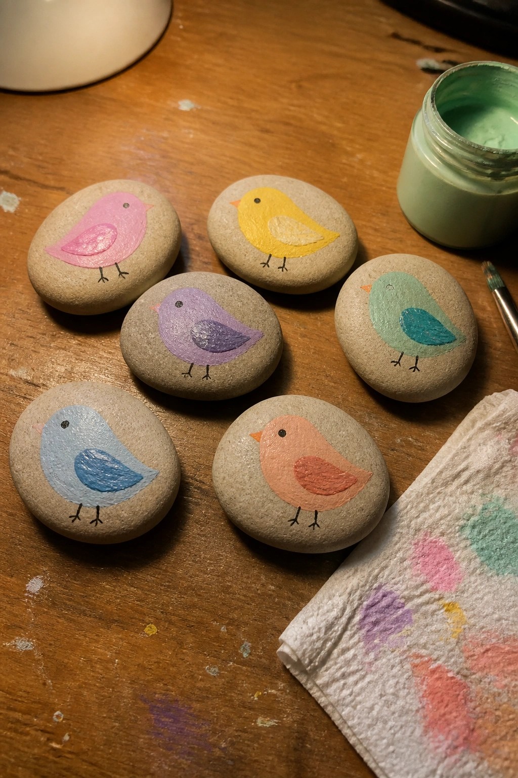 Six colorful bird-painted rocks on wood table with green paint jar and brush