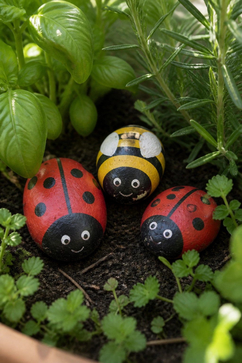 Two smiling ladybug rocks and one bumblebee rock nestled among garden herbs.