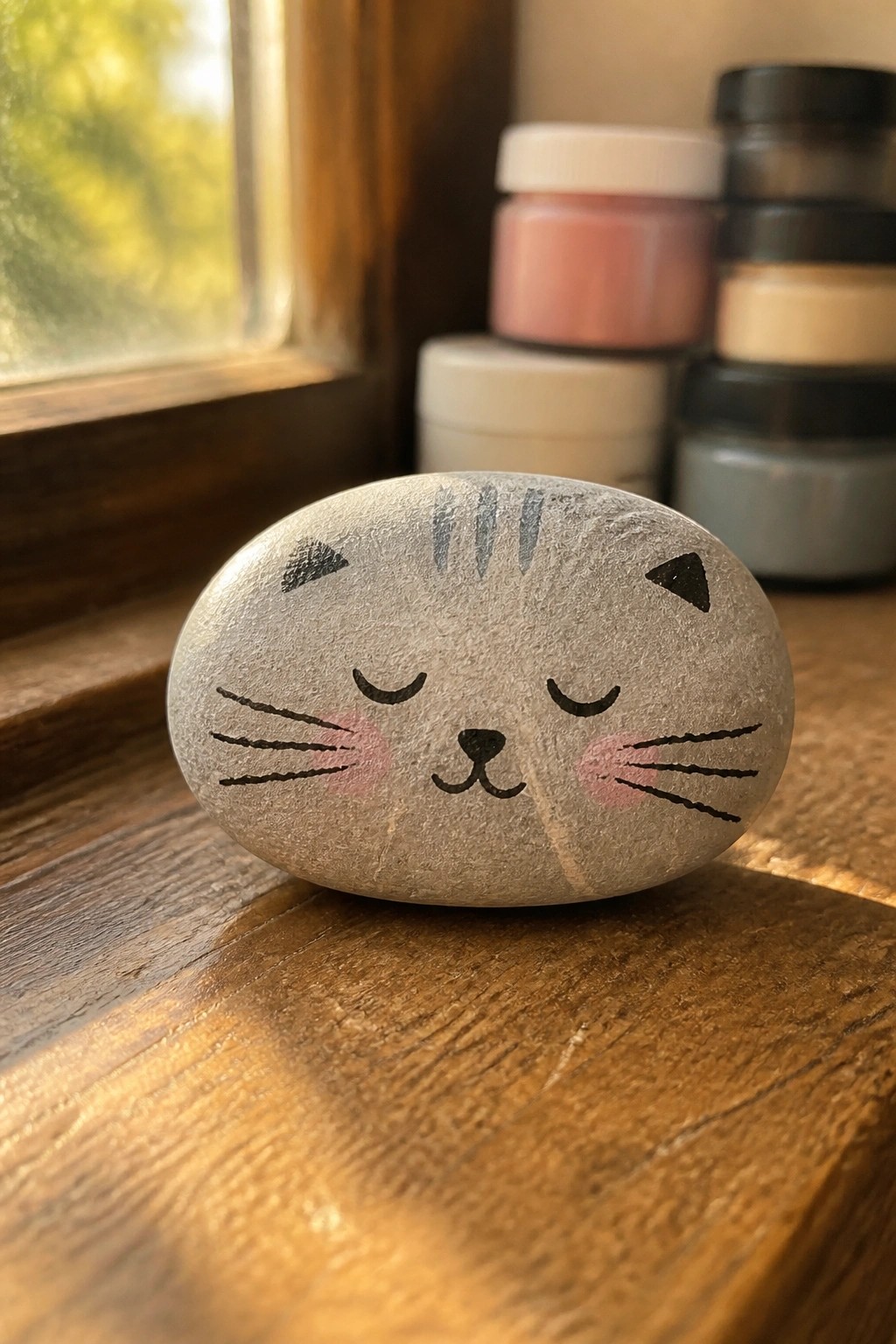Smooth gray stone painted as sleeping cat with whiskers and pink cheeks on wood