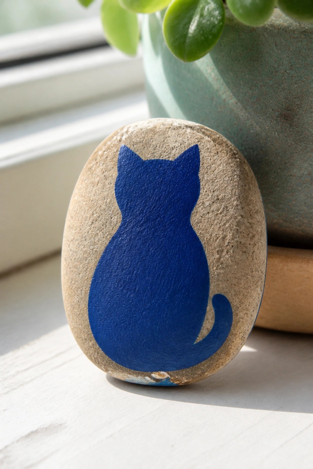 Beige oval stone with blue cat silhouette on windowsill by potted plant.
