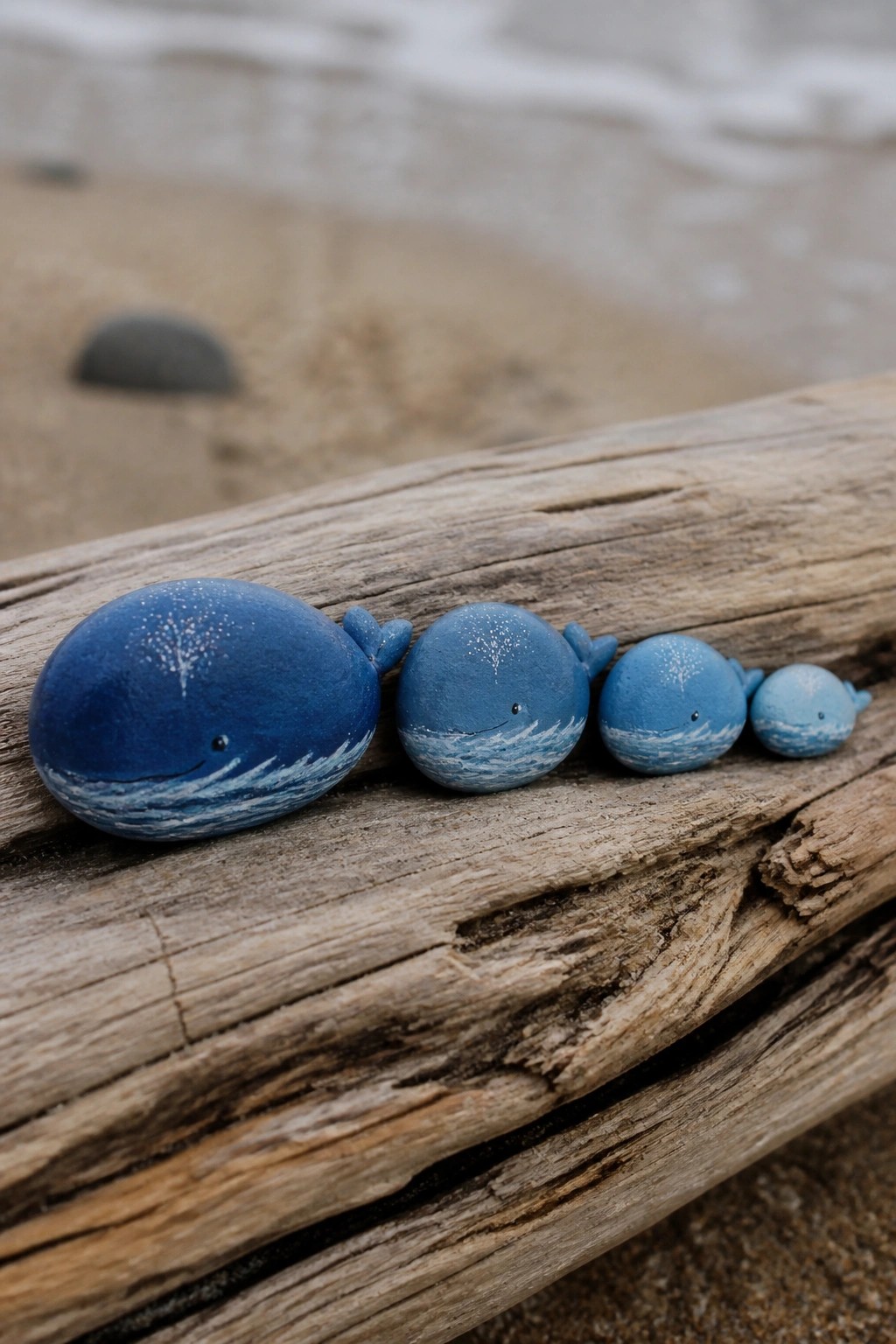 Four blue whale rocks decreasing in size on driftwood at the beach