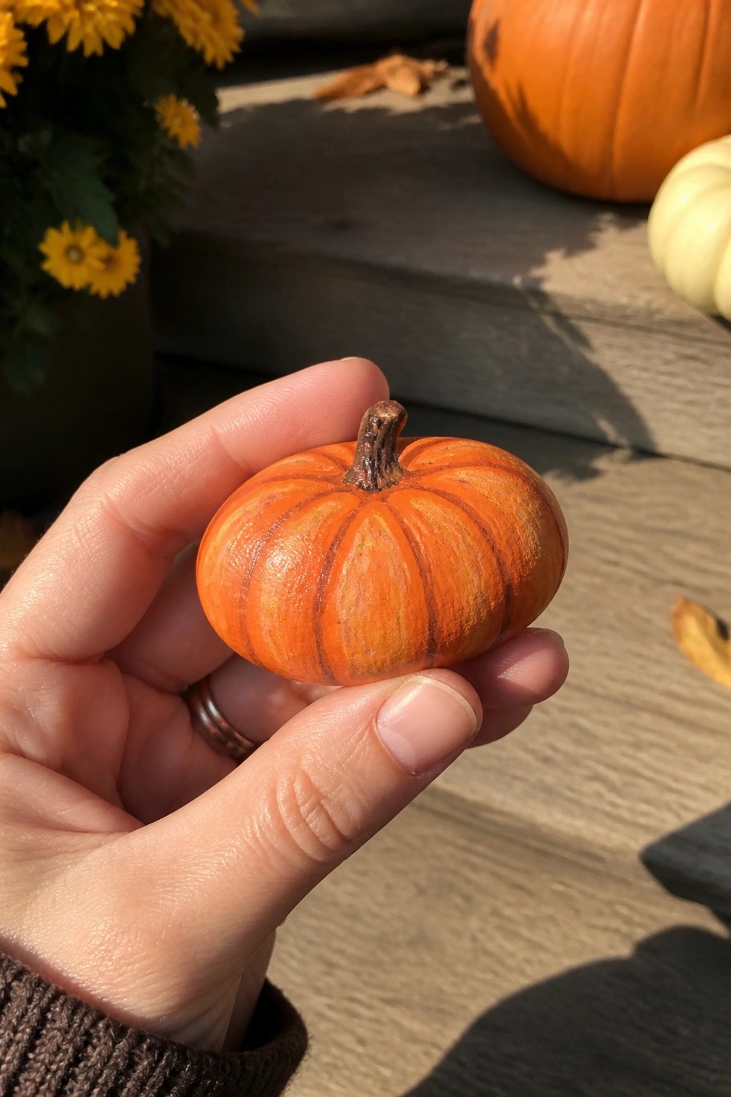 Hand in brown sweater with ring holds small orange pumpkin on wooden steps