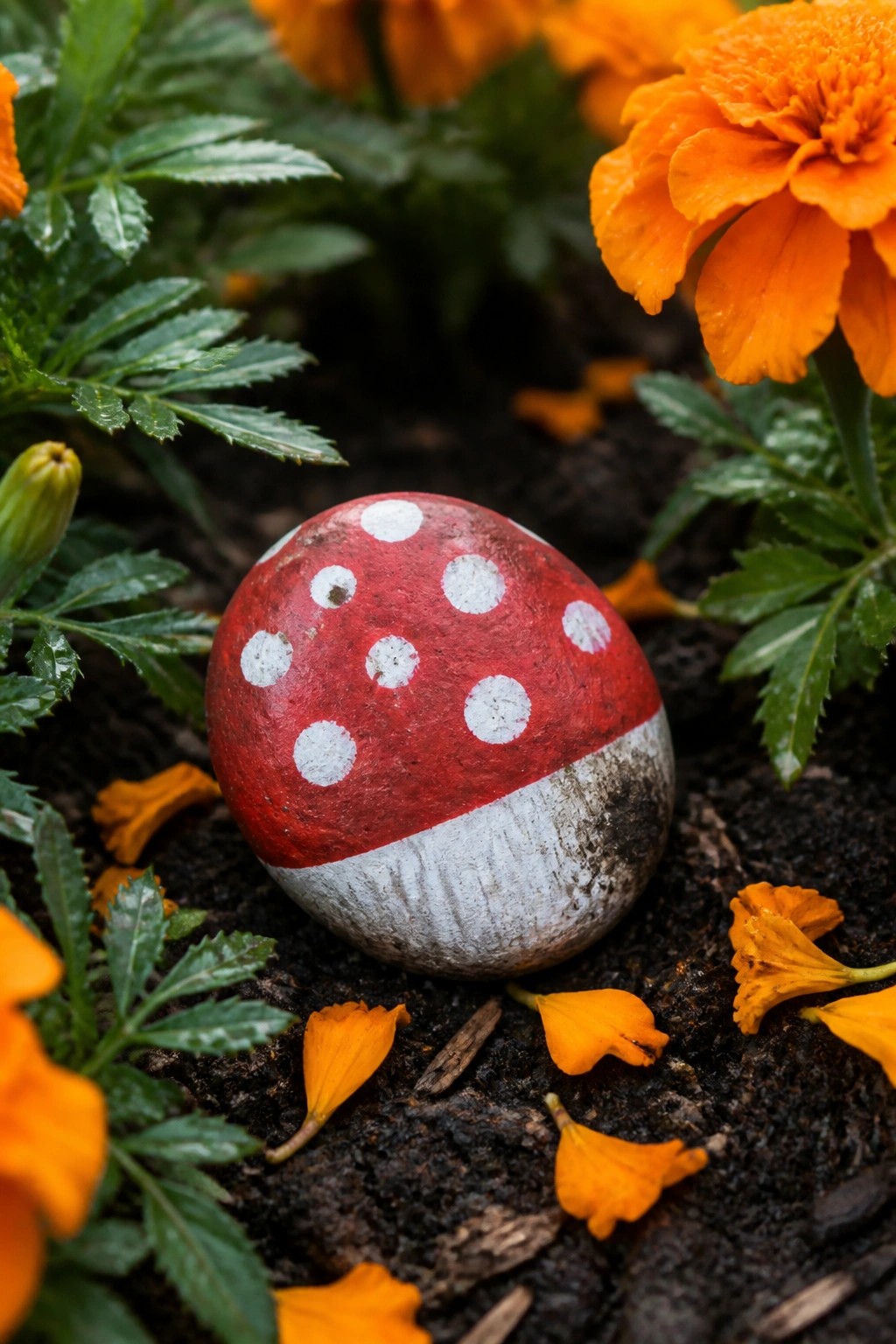 Red mushroom-painted rock with white spots amid orange marigolds and petals.