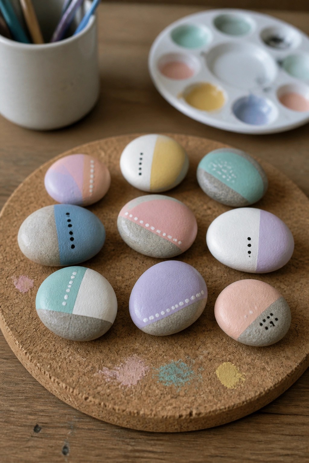 Pastel painted stones with dotted patterns on cork mat near watercolor palette
