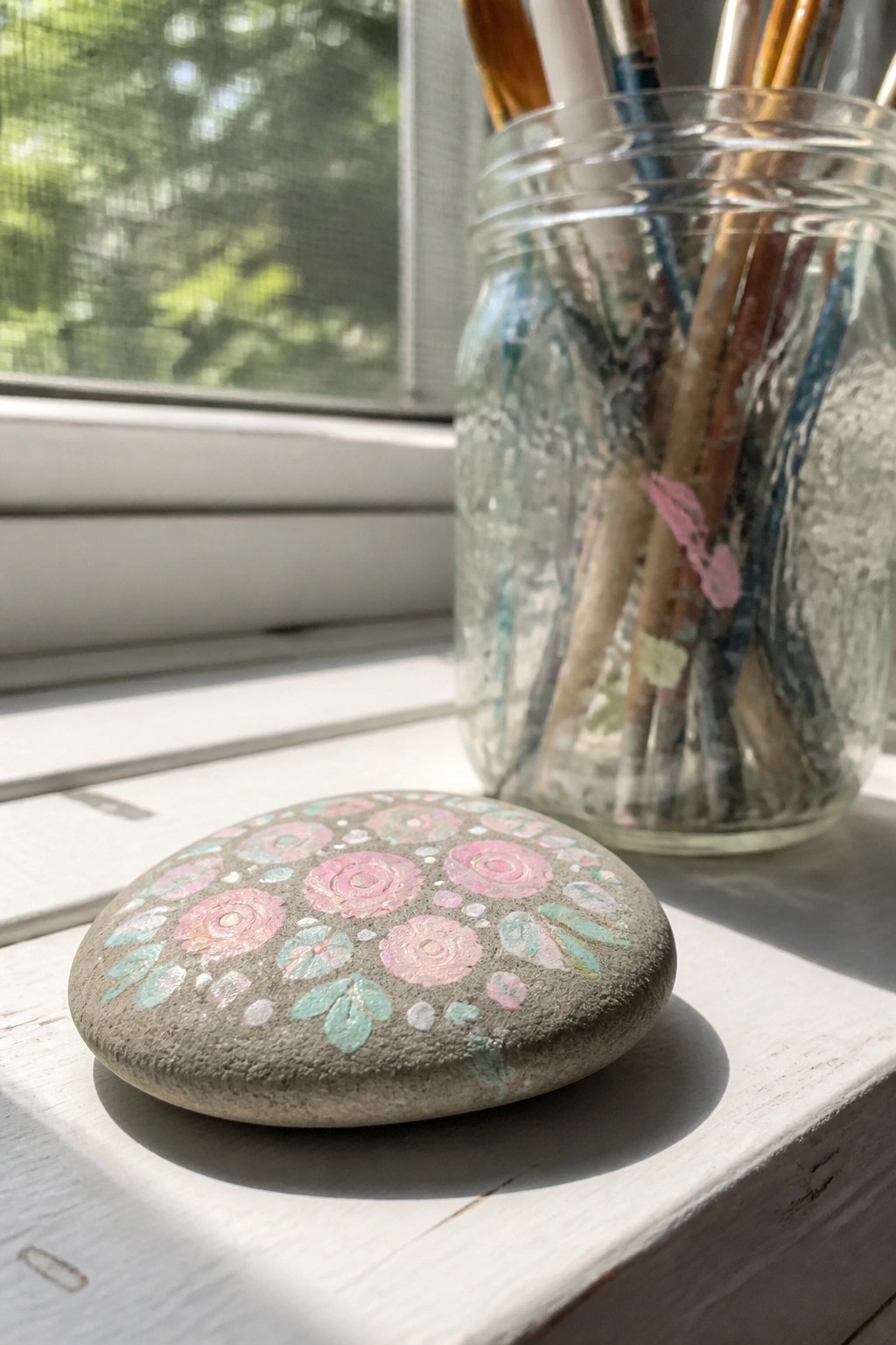 Painted gray stone with pink flowers beside jar of paintbrushes on windowsill