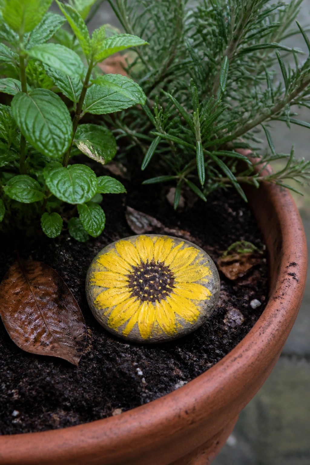Yellow sunflower painted on stone in soil of terracotta pot with plants