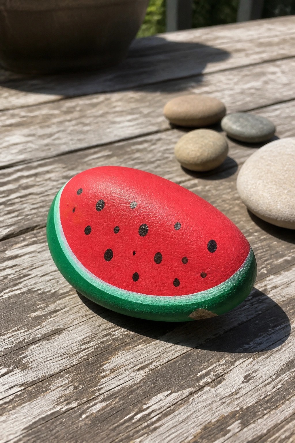 A painted rock resembling a watermelon slice with red top, green bottom edge, and black seed dots rests on a wooden surface beside plain stones.