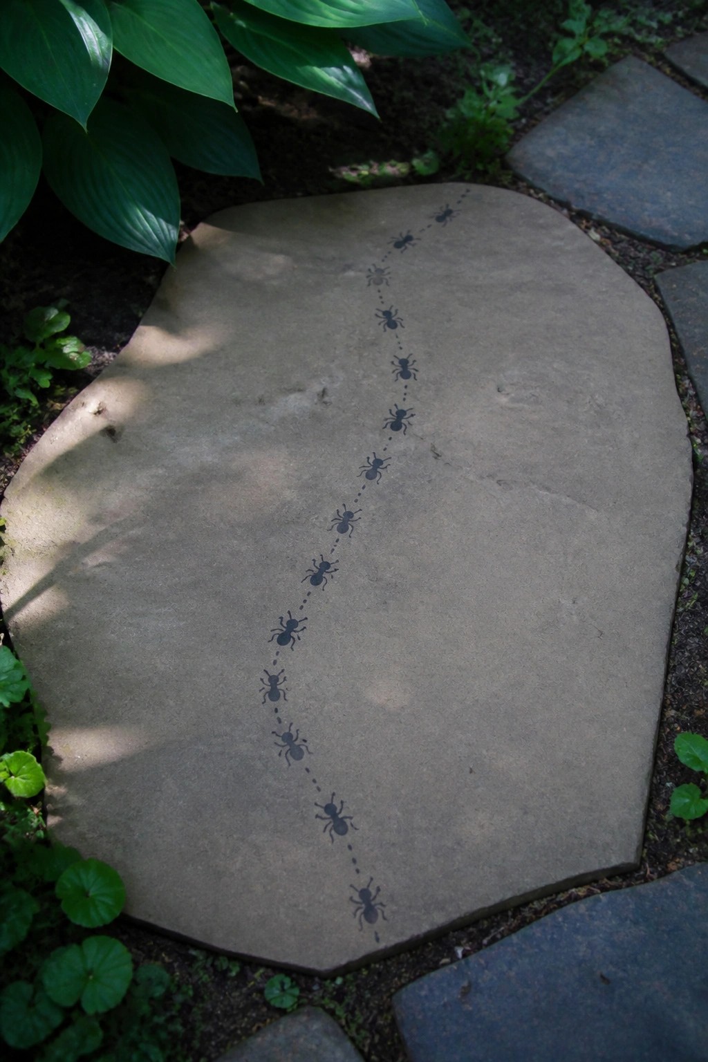 Trail of black ant silhouettes with dotted line on garden stepping stone