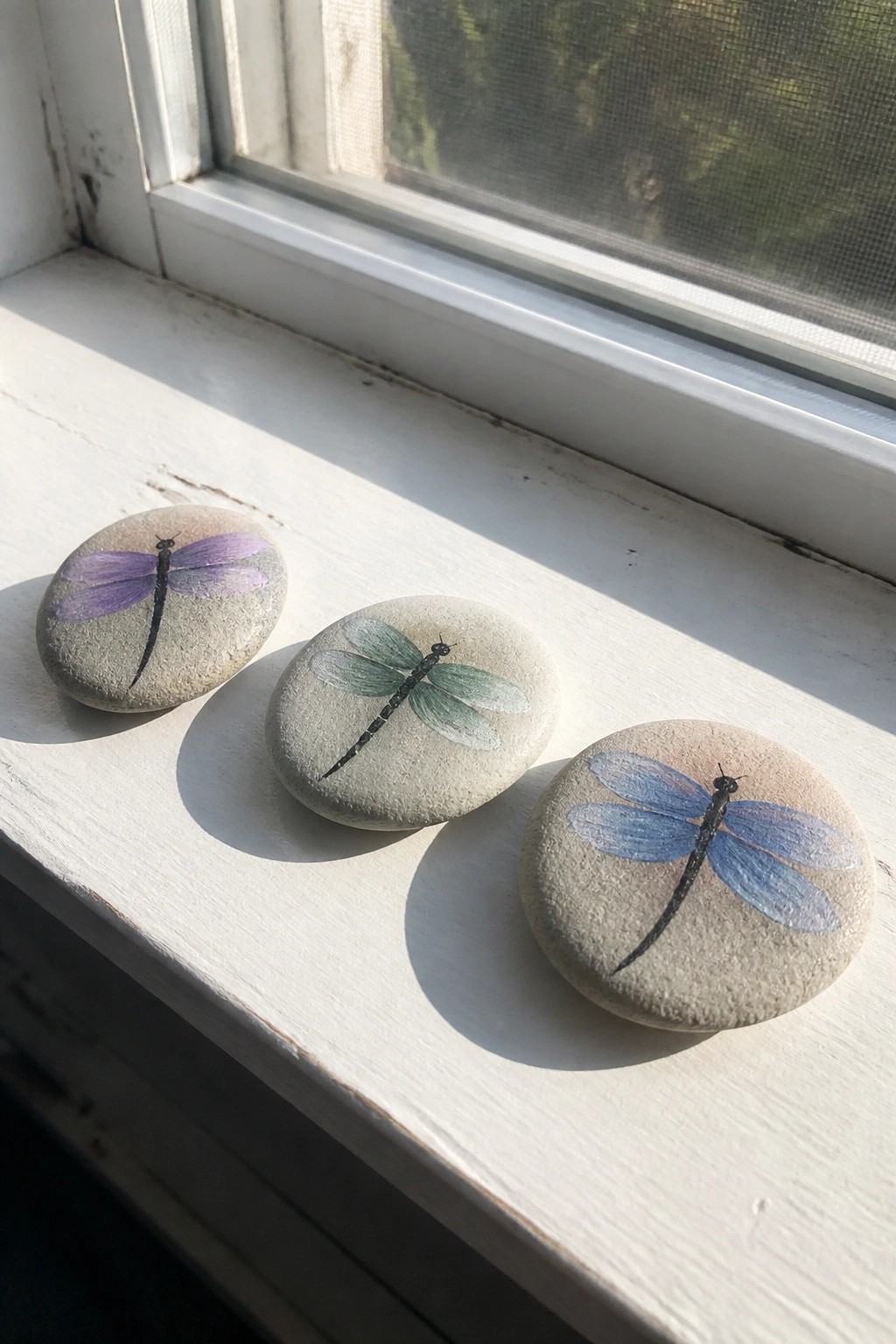 Three stones painted with purple, green, and blue dragonflies on a sunny windowsill.
