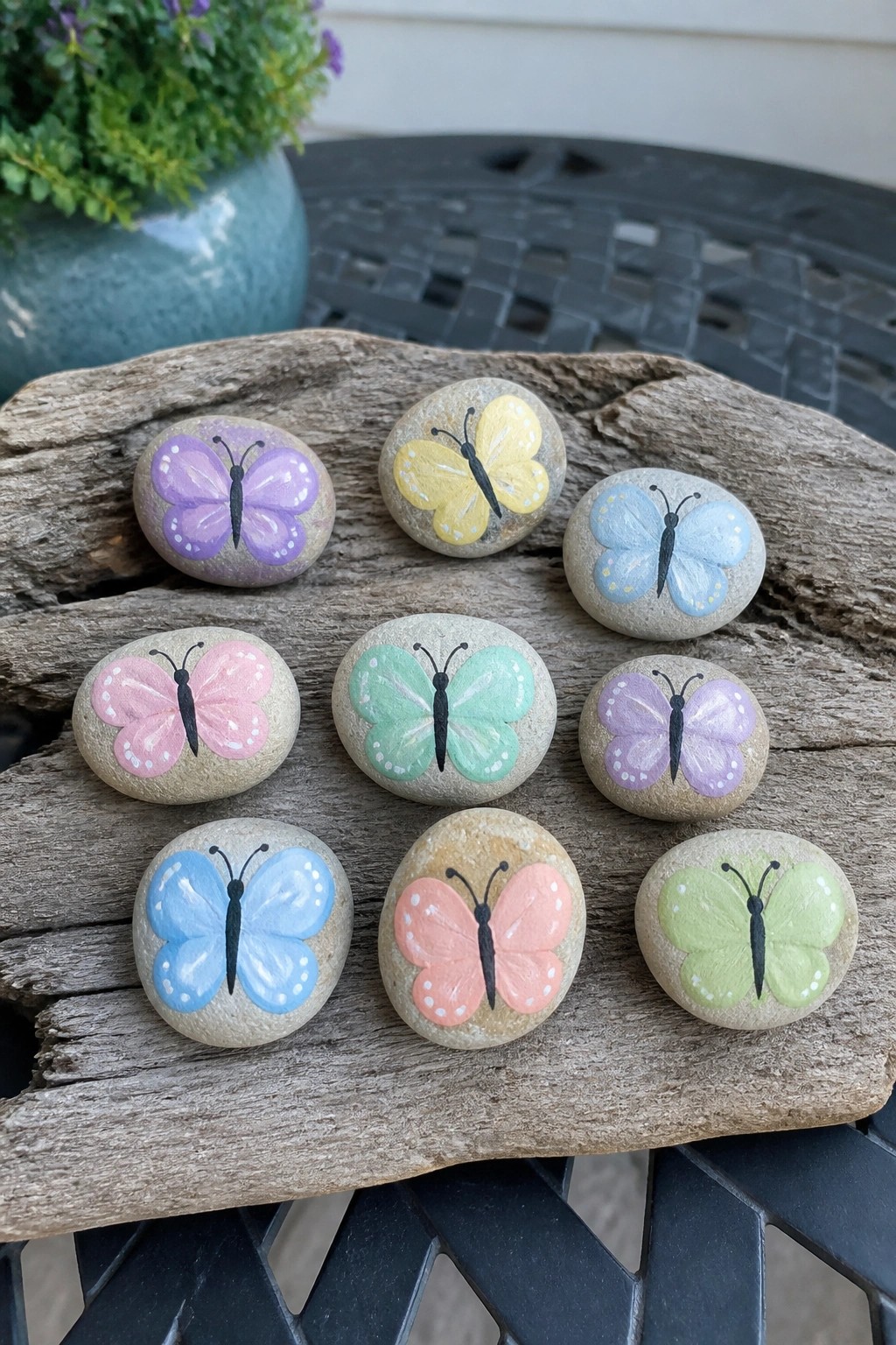 Nine colorful butterfly-painted rocks arranged on weathered wood with a potted plant nearby.