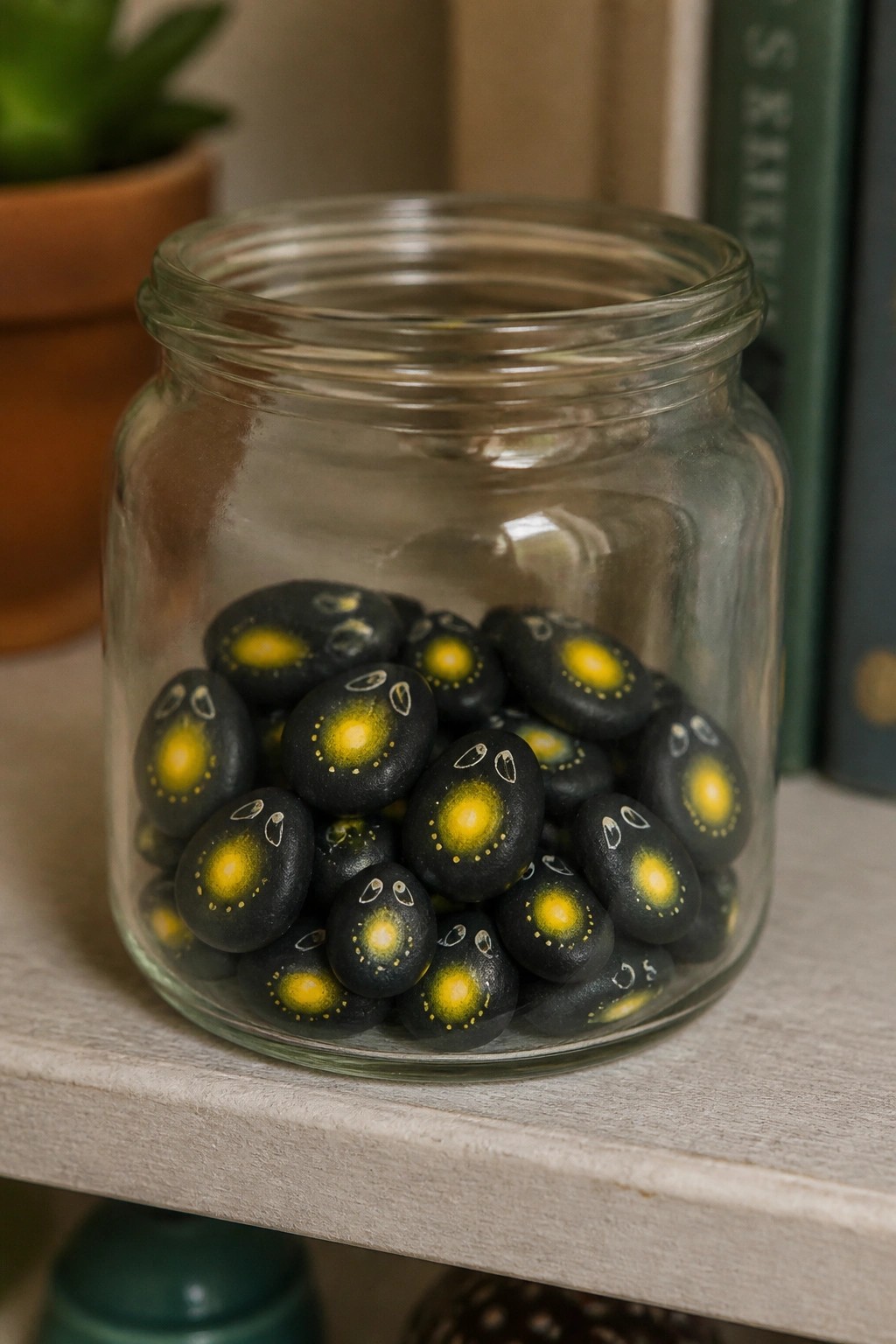 Glass jar filled with black rocks painted yellow and white on wooden shelf