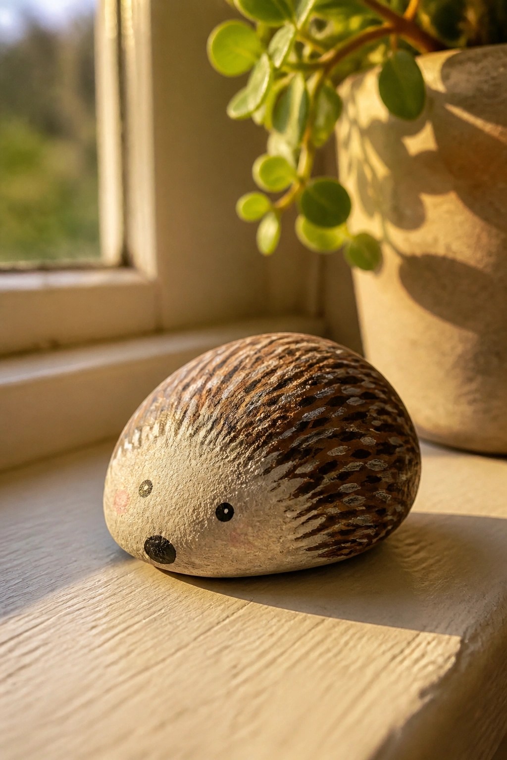 A painted oval rock shaped like a hedgehog rests on a wooden windowsill beside a potted plant.