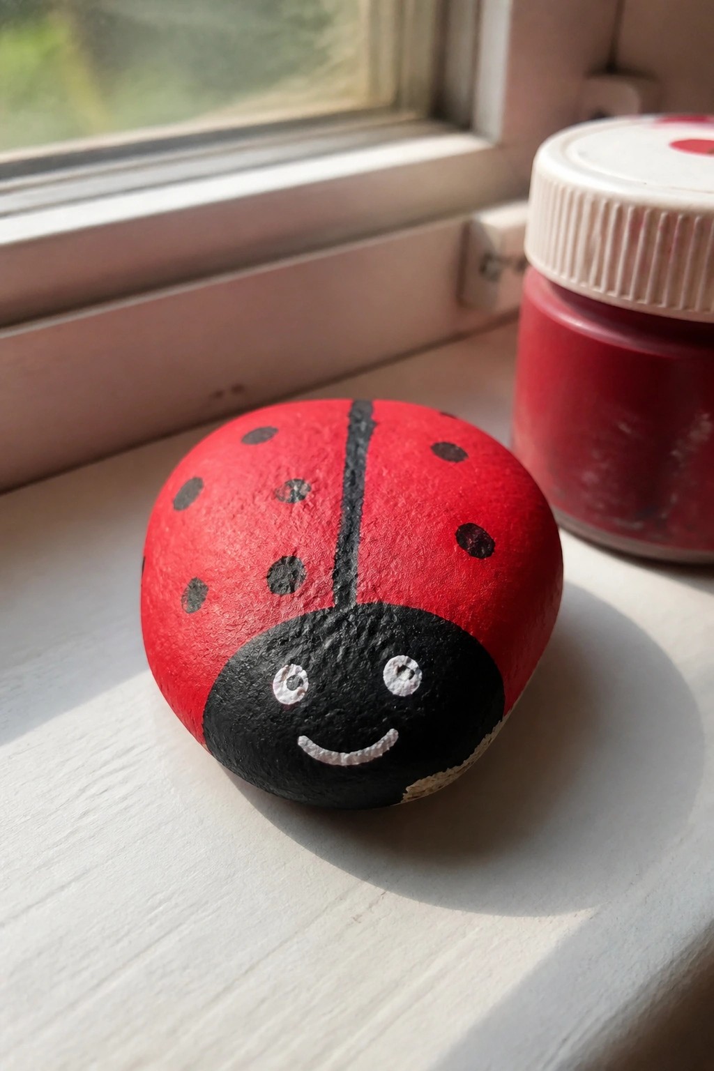 Hand-painted red ladybug rock with smiling face on windowsill beside paint jar.