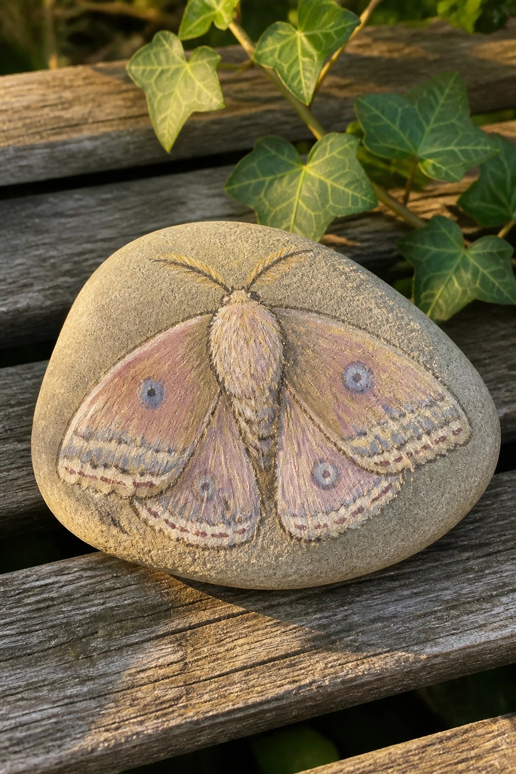 Painted gray stone with pink-brown moth on wooden planks beside green ivy.