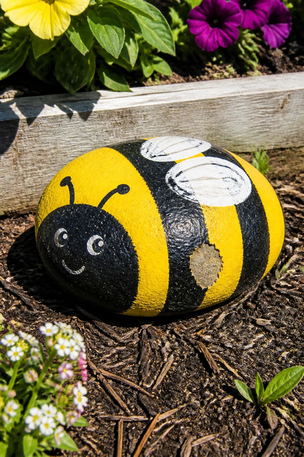 A yellow and black striped bumblebee painted on an oval rock rests in garden soil near white and purple flowers.