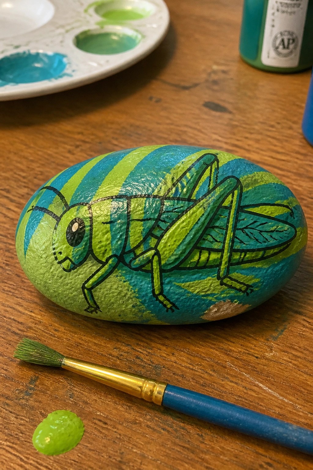 Painted rock with green grasshopper on blue and lime striped background beside paintbrush
