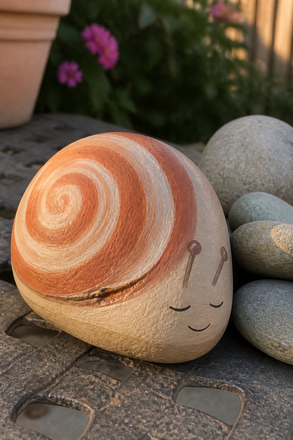 Painted snail rock with orange spiral shell and smiling face on metal table