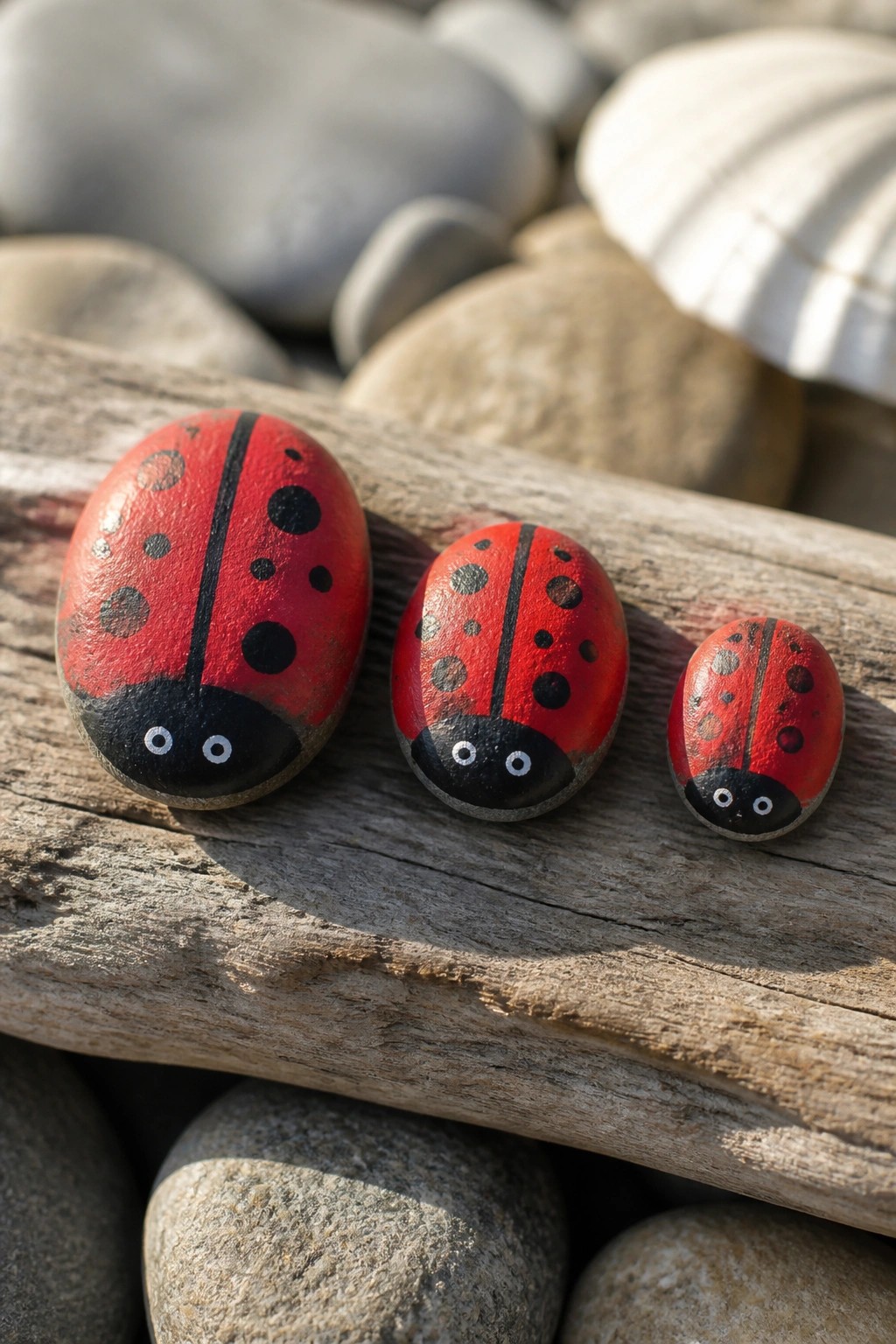 Three ladybug-painted stones of decreasing sizes on weathered driftwood amid pebbles