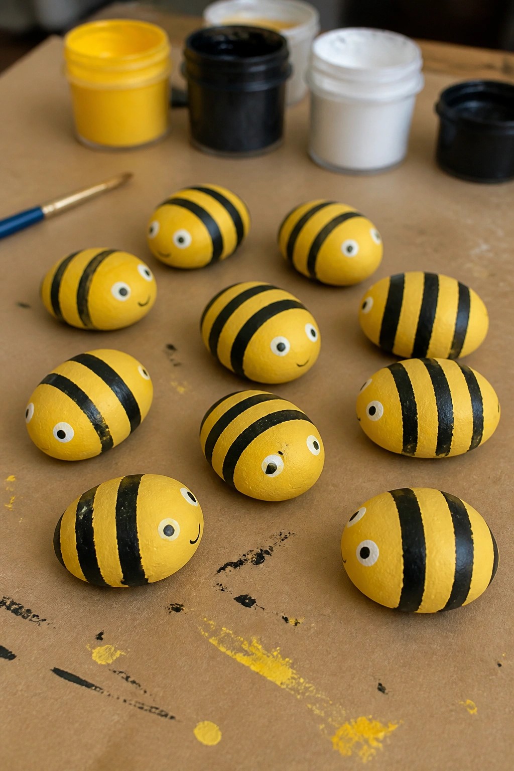 Painted yellow rocks with black stripes, eyes and smiles beside paint jars and brush.