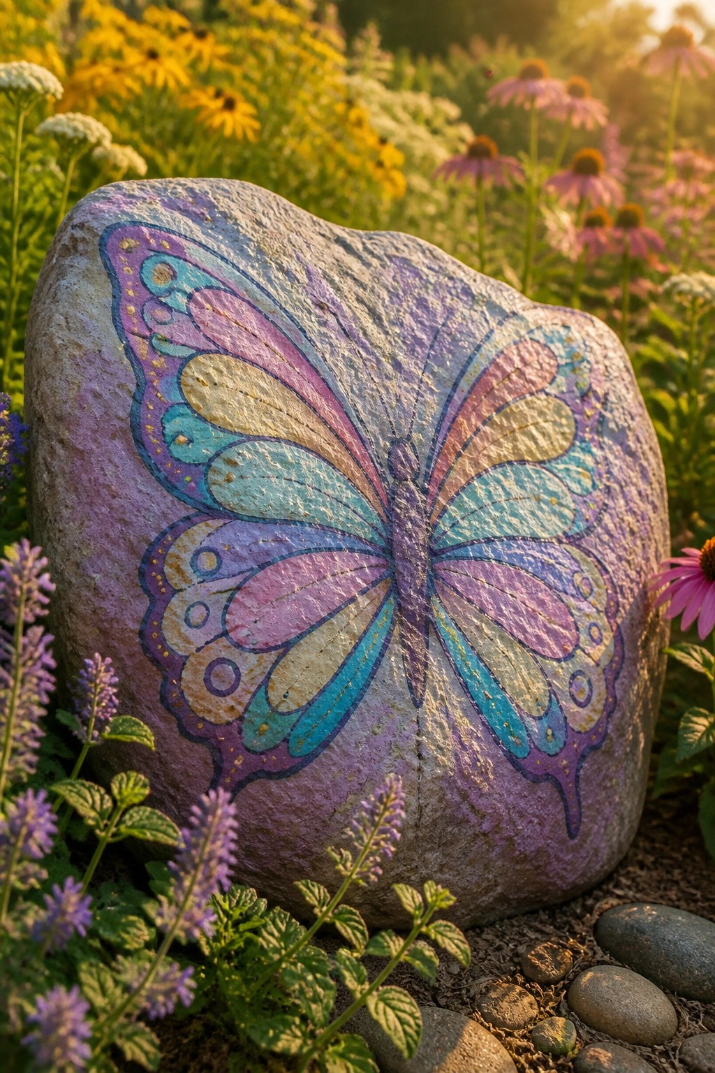 Large rock with vibrant purple, pink, and blue butterfly painting in flower garden